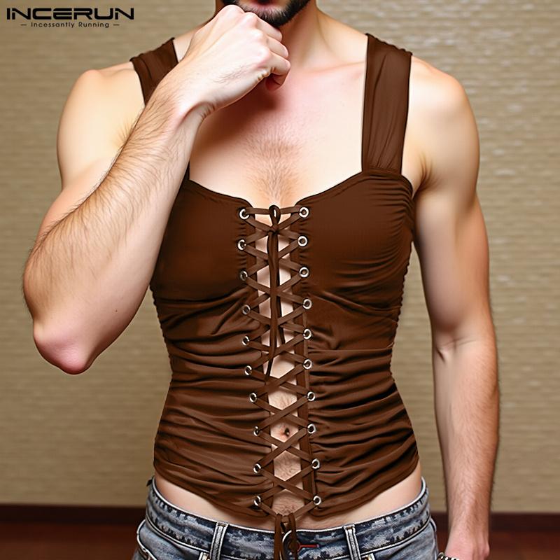 INCERUN Summer Men Strap Sleeveless Rumple Bandage Party Fitted Tank Tops