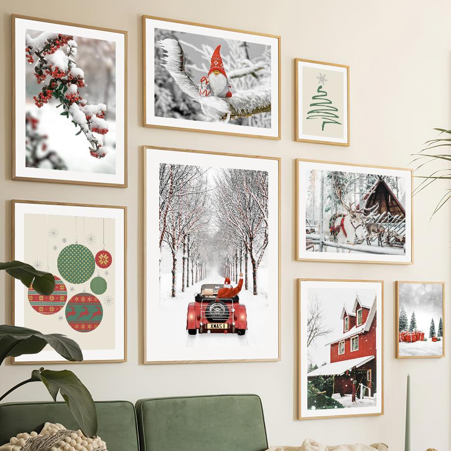 Настенная картина на холсте, Рождественская елка, красный дом, карета Санта-Клауса, олень, украшение для гостиной, постеры и принты, настенные панно