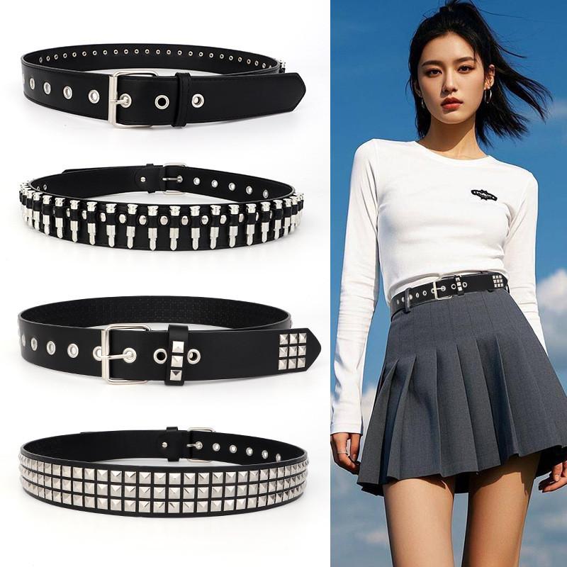 Leather Style Punk Belt With Three Row Hollow Square Buckle Bullet Head Design