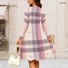 Women Plus Size Long Sleeve Round Neck Pink Purple Plaid Printed A Line Dress