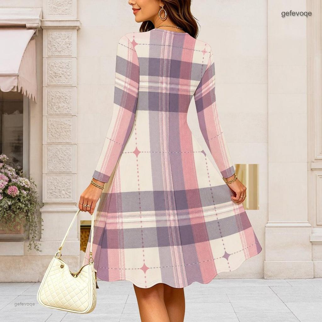 Women Plus Size Long Sleeve Round Neck Pink Purple Plaid Printed A Line Dress