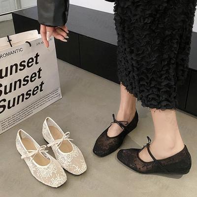 Модные летние женские балетки с полым кружевом, нескользящие, модные 2025 новинка, с бантом, женские туфли, сетчатые дышащие женские сандалии Мэри Джейн