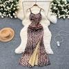 Summer Women Sexy Spaghetti Strap Beading Leopard Print Slim Bodycon Split Club Party Dresses
