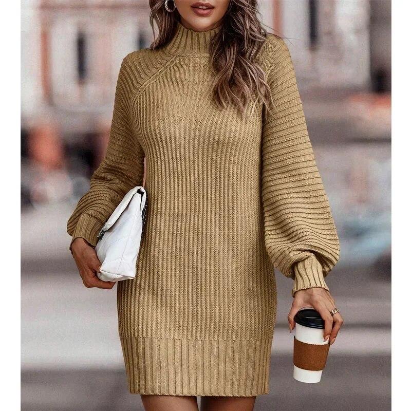Casual Solid Turtleneck Sweater Dress Winter Knitted Long Sleeve Knitwear Dress Fashion Office-lady Clothing 29885