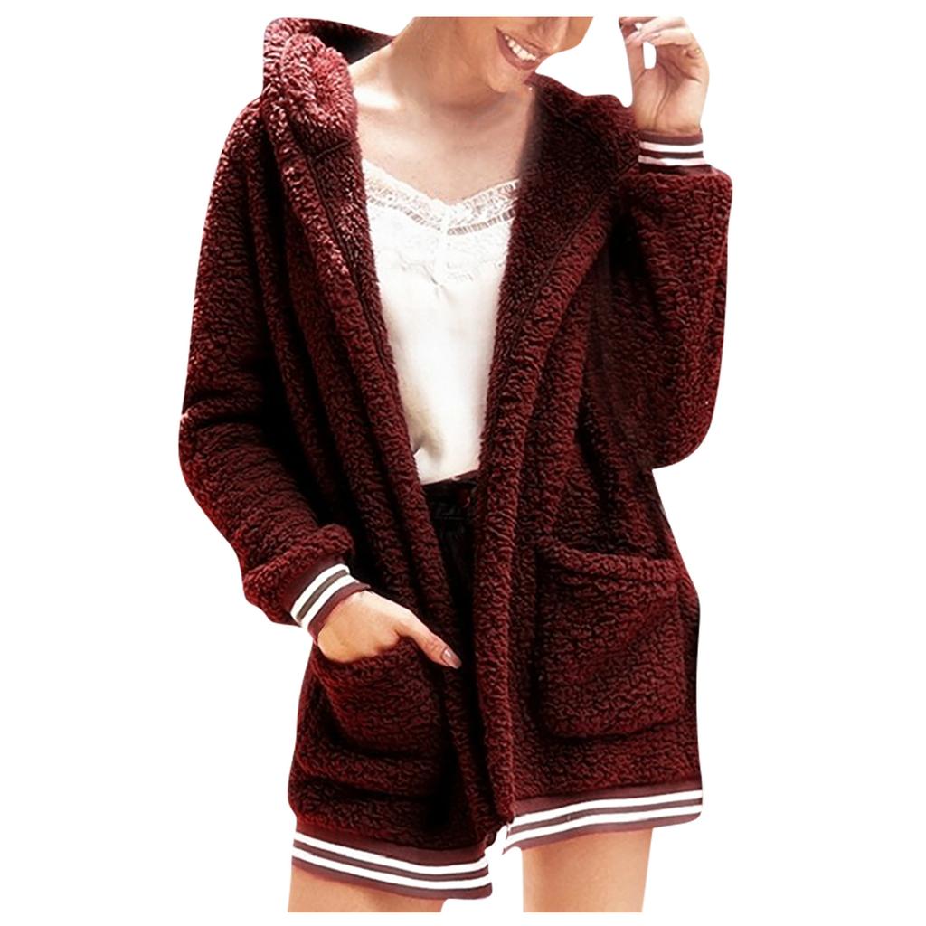 Women's And Winter Loose Solid Color Stitching Long-Sleeved Pockets Plush Hooded Cardigan Coat