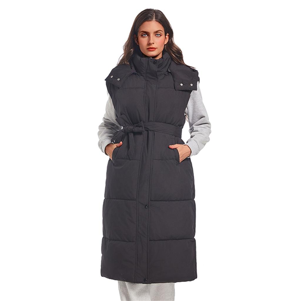 Женские длинные пуховые жилеты без рукавов с капюшоном на молнии с поясом, стеганое пальто с подкладкой, верхняя одежда