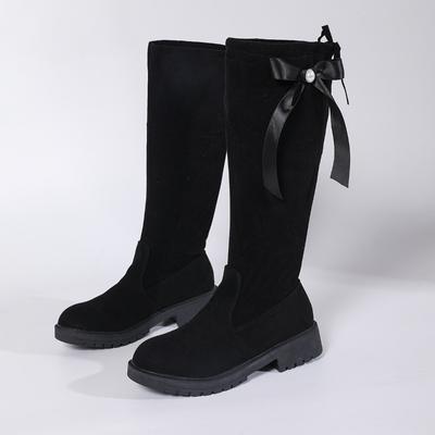 Новые Длинные Сапоги Осень Зарубежный Воздух Замша Круглый Носок Задний Тонкий Ремешок Бант Мягкая Подошва Нескользящие Износостойкие Средний Каблук Высокие Сапоги