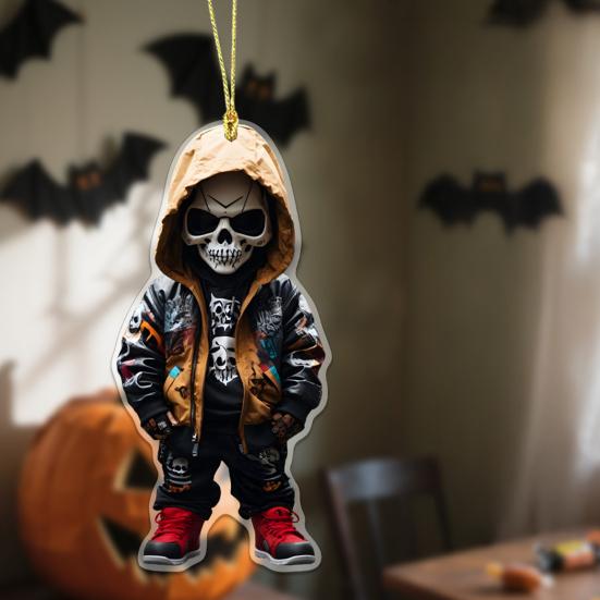 Halloween Car Ornament Cool Skeleton Acrylic Car Rearview Mirror Charm 2D Flat Skull Hanging Pendant for Car Interior Backpack Accessory