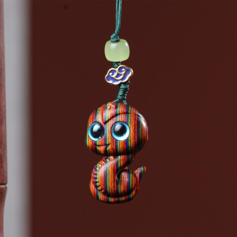 Red Sandalwood Snake Pendant with Green Sandalwood Zodiac Animal Design - Handcrafted Accessories