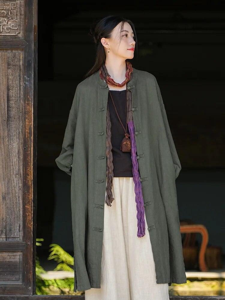Женский Тренч в китайском стиле, сплошной цвет, пальто-стойка, осенний винтажный плащ с рукавами-фонариками на пуговицах