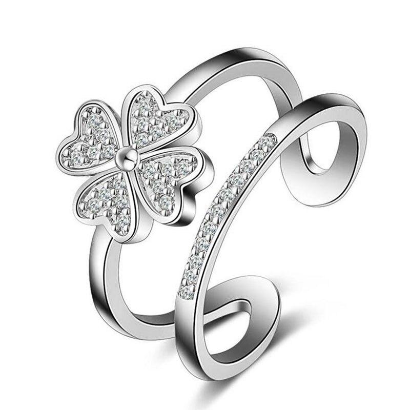 925 Sterling Silver Double Layer Heart Cute Lucky 4 Leaf Clover Opening Rings For Women Jewelry Dropshipping S -R193