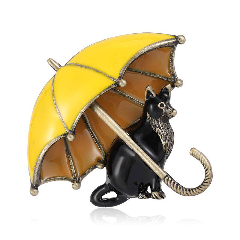 Blucome Lovely Cat Under Umbrella Brooch Enamel Pins For Women Routine Gathering Decoration Accessories Collar Corsage