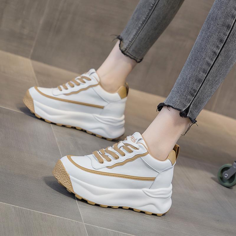 Кожаные маффины толстая подошва внутренняя высота увеличение маленькие белые туфли женские новые повседневные простые одинарные туфли