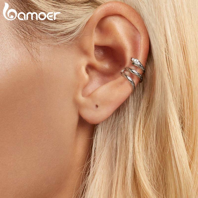 BAMOER 925 Sterling Silver Coiled Snake Ear Cuffs Unique Personalized Fashion Earring For Women Fine Jewelry