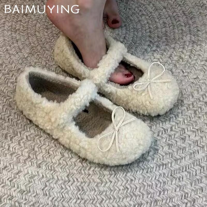 Женские туфли Мэри Джейн с бантом на плоской подошве на меху, элегантные туфли на плоской подошве, модная зимняя обувь 2025 года, трендовые короткие плюшевые повседневные новые женские туфли