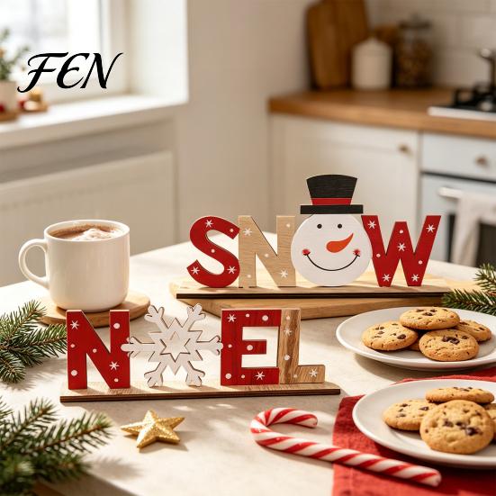 Wood Letter Ornament Wooden Christmas Table Sign, XMAS SNOW NOEL Tabletop Sign with Festive Party Decor Base, Hollow Centerpiece for Xmas Decorations