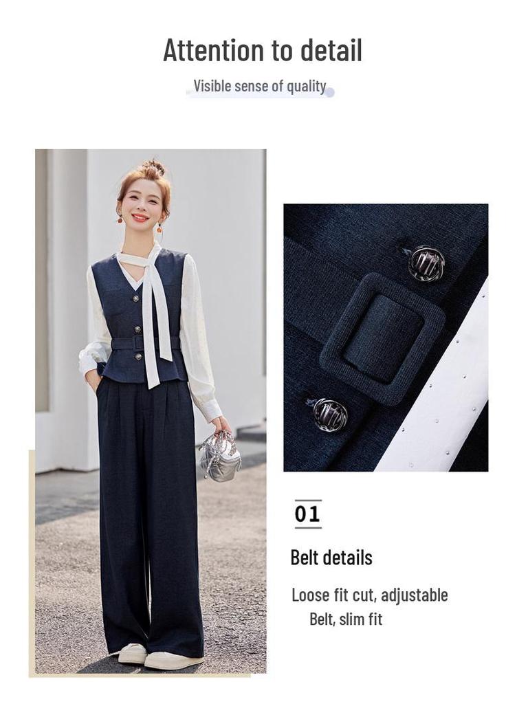 Женский модный костюм Весна 2025: Стильный комплект: рубашка, джинсовый жилет и брюки широкого кроя YF2551