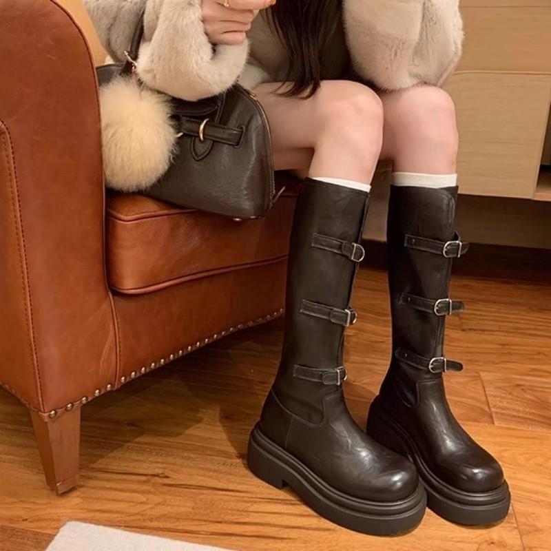 2025 новые ботинки-рыцари на высокой платформе с пряжкой на ремне, женские осенне-зимние новые ботинки средней высоты, ботинки-рыцари
