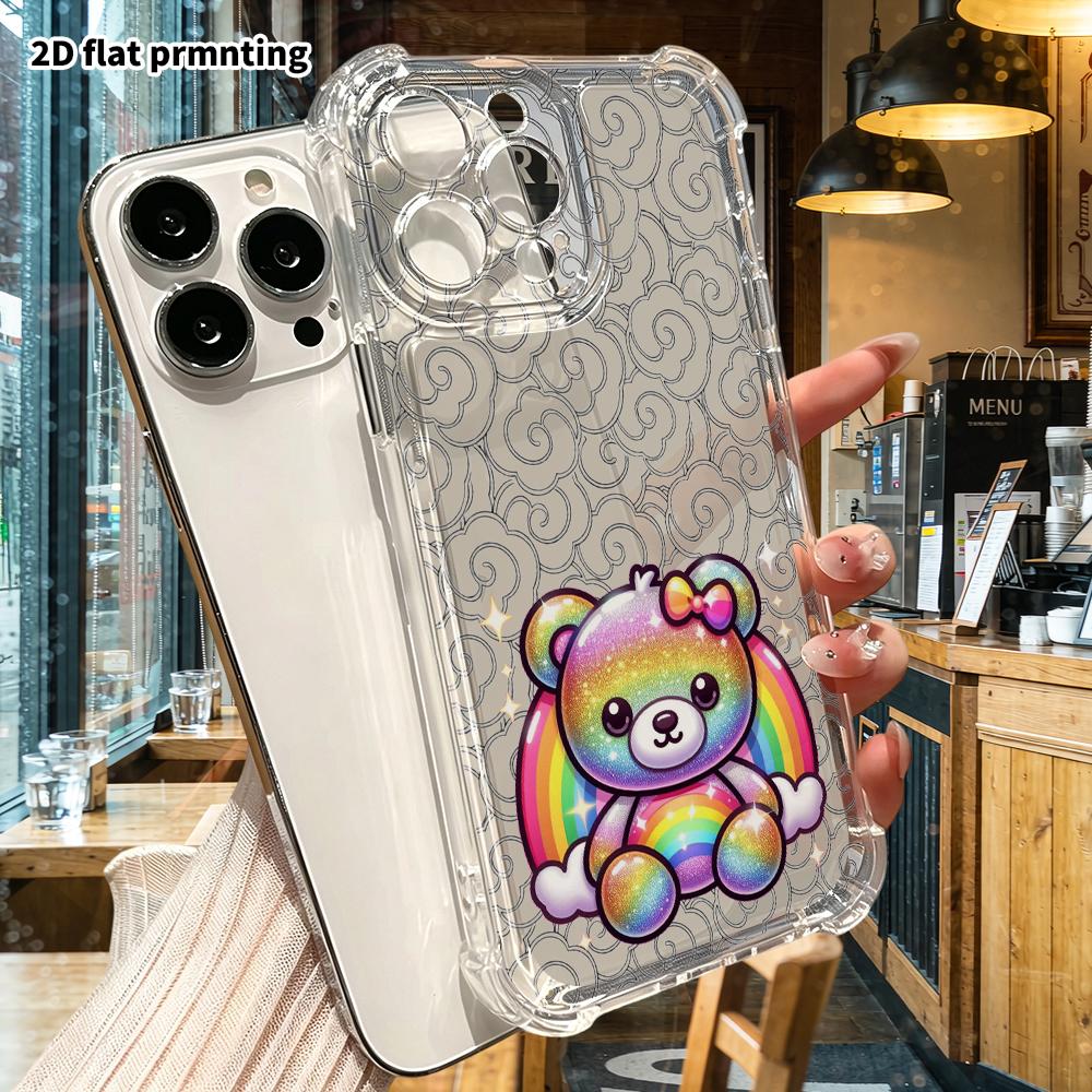 Phone Case: 2D flat suitable for iPhone 18 17 16 15 14 13 Pro, transparent four corner protective case, rainbow bear, Christmas and Halloween gifts