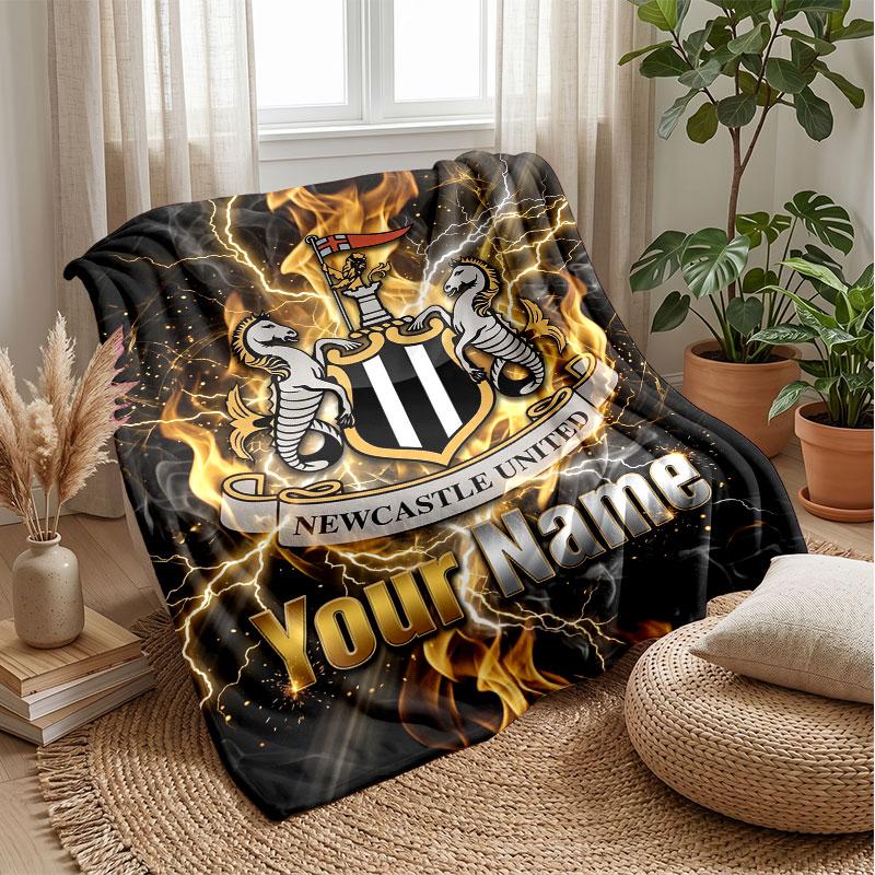 Newcastle United FC Custom Name Text Flannel Blanket Soccer Logo Personalized Fleece Throw Blanket Special Gift For Sofa Bedroom Home