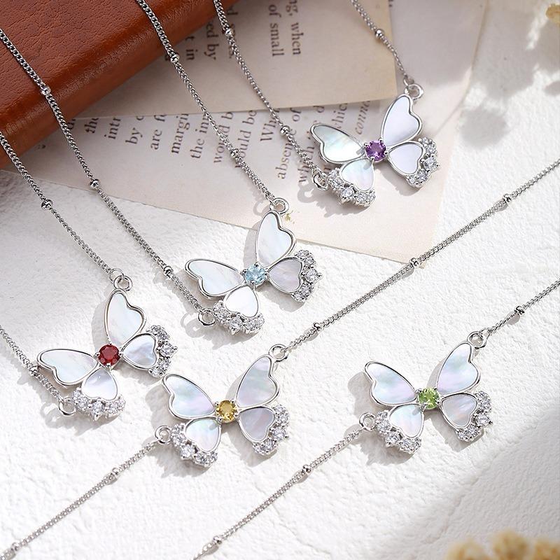 Sterling Silver Butterfly Necklace, Natural Gemstone Pendant for Ladies Gift