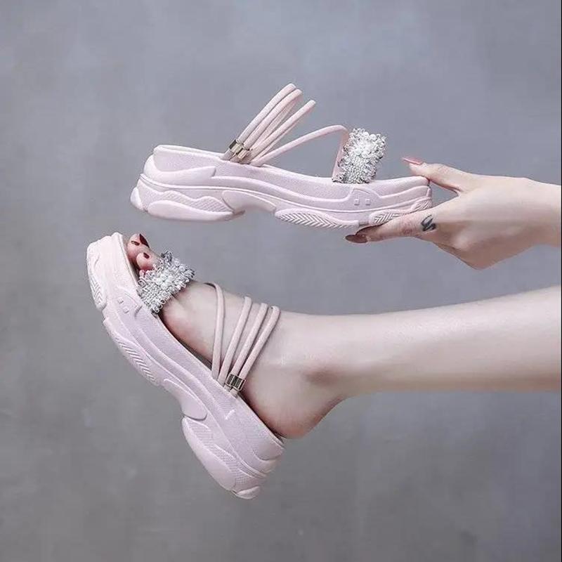 Two Wear Sandals Women's All-match Thick Bottom Heightening Light and Comfortable Outer Wear Sandals and Slippers Pearl Decoration