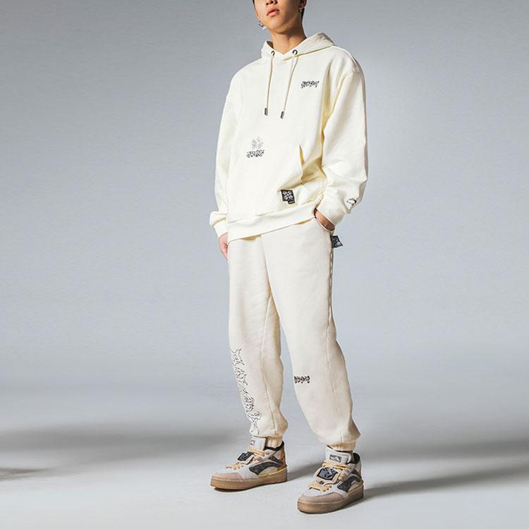 Li Ning Badfive Changan Молодежная вышитая толстовка с капюшоном с принтом унисекс белая AWDRF91-3