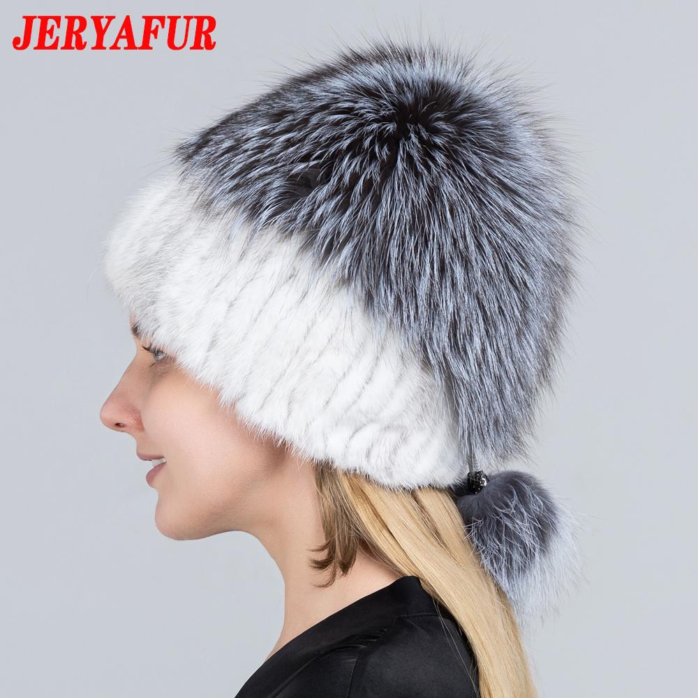 JERYAFUR Женская зимняя меховая шапка из натурального меха, вязаная меховая шапка с помпоном из норки и лисы с шариками, стильная теплая модная шапка для девочек, шапка