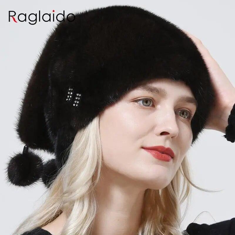 High Quality Real Mink Fur Hat Luxury Women Elegant Whole Skin Geniune Fur Hat Full Pelt 3 Balls Diamond Tail Hat Warm Snow Caps