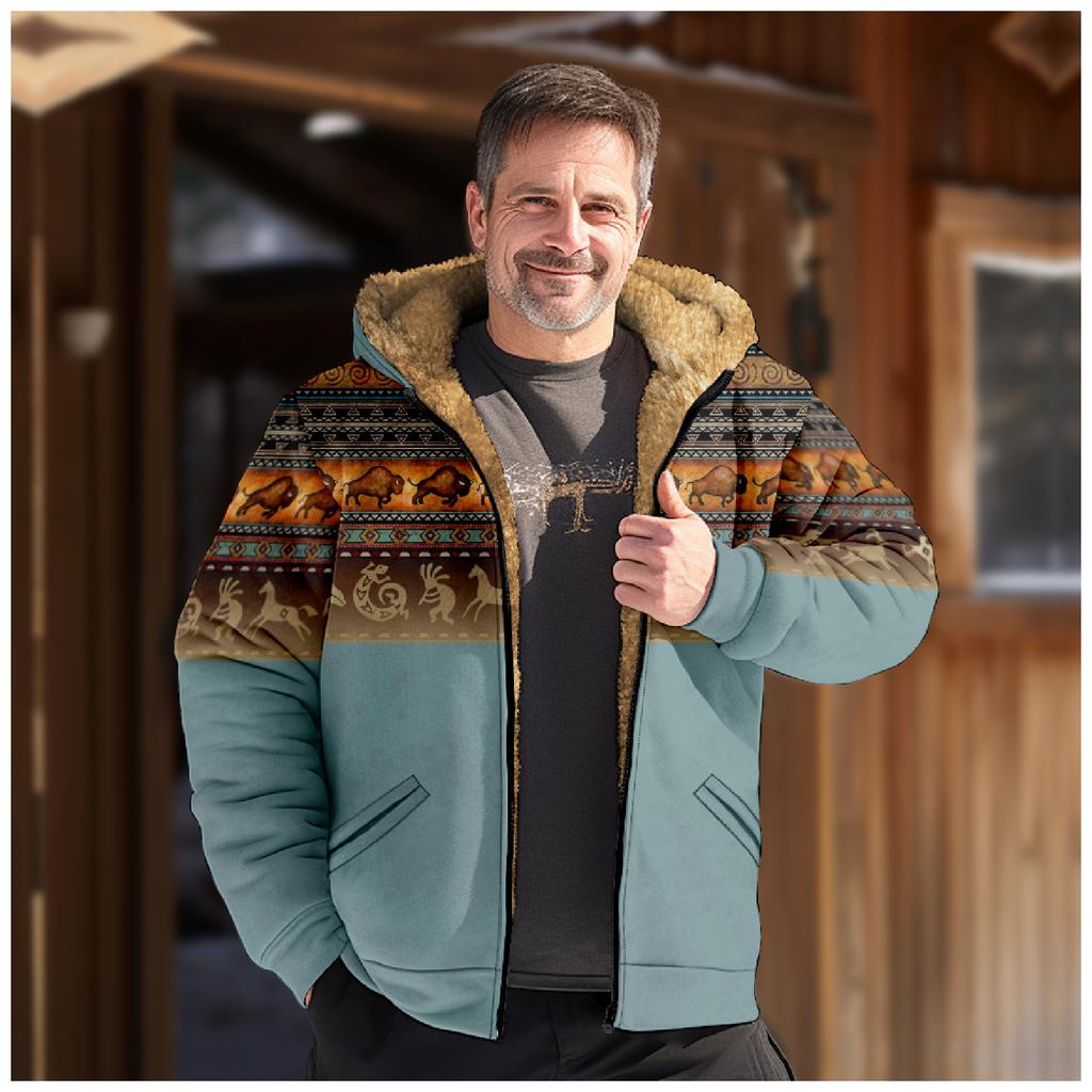 Men's Winter Print Jacket Men's Casual Trend Zipper Hooded Jacket