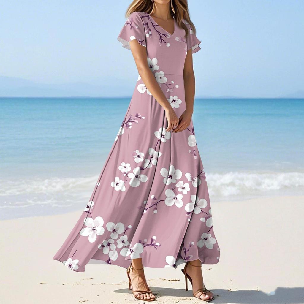 Женские летние повседневные модные платья с принтом и короткими рукавами и V-образным вырезом