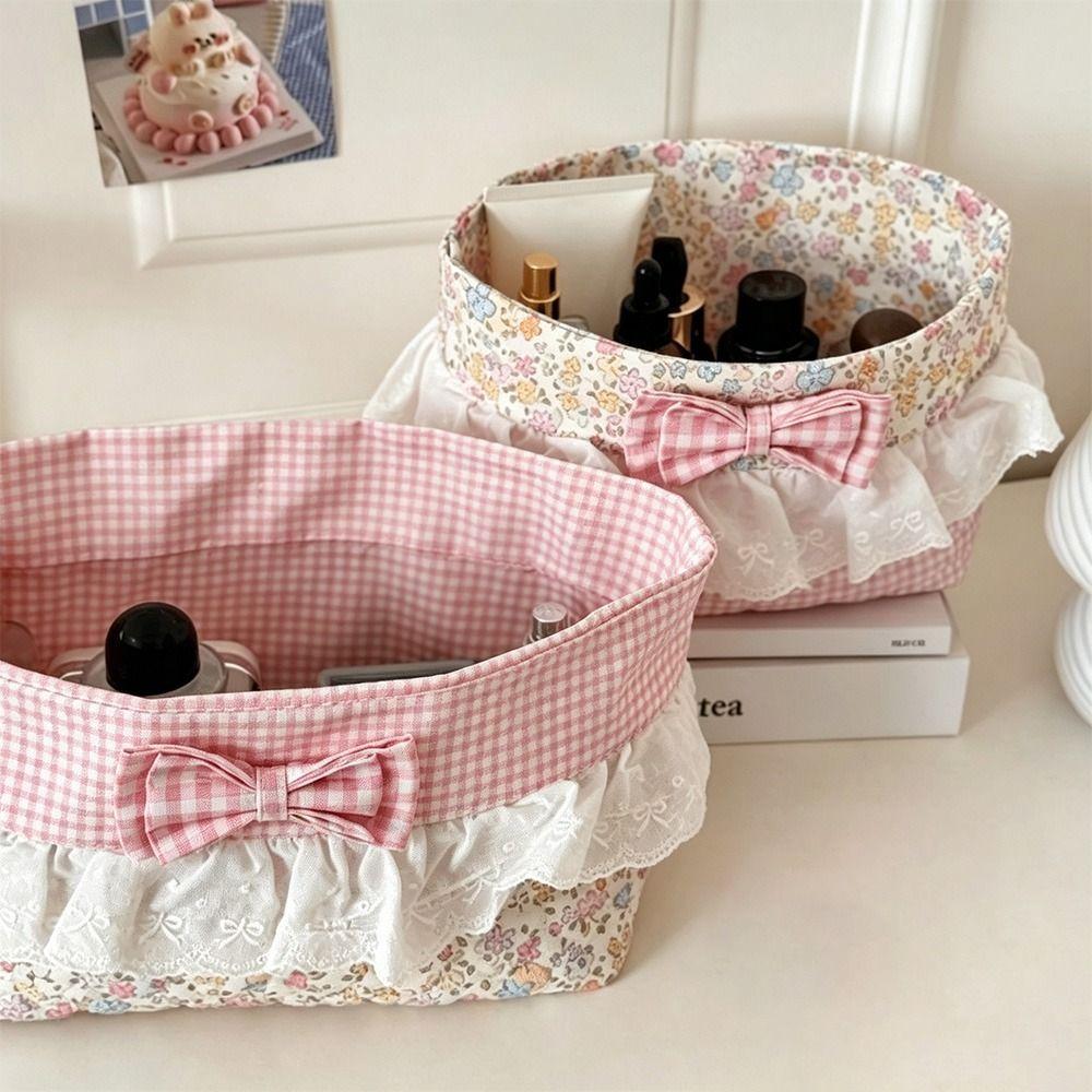 Lace Trim Fabric Storage Basket Portable Desktop Storage Box Bedroom Storage
