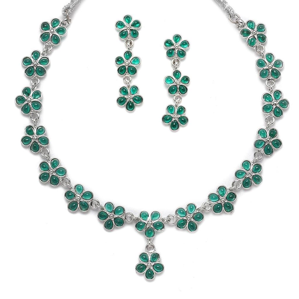 Oxidised Silver-Plated Flower Shaped American Diamond Studded Necklace Earrings Jewellery Set for Girls and Women