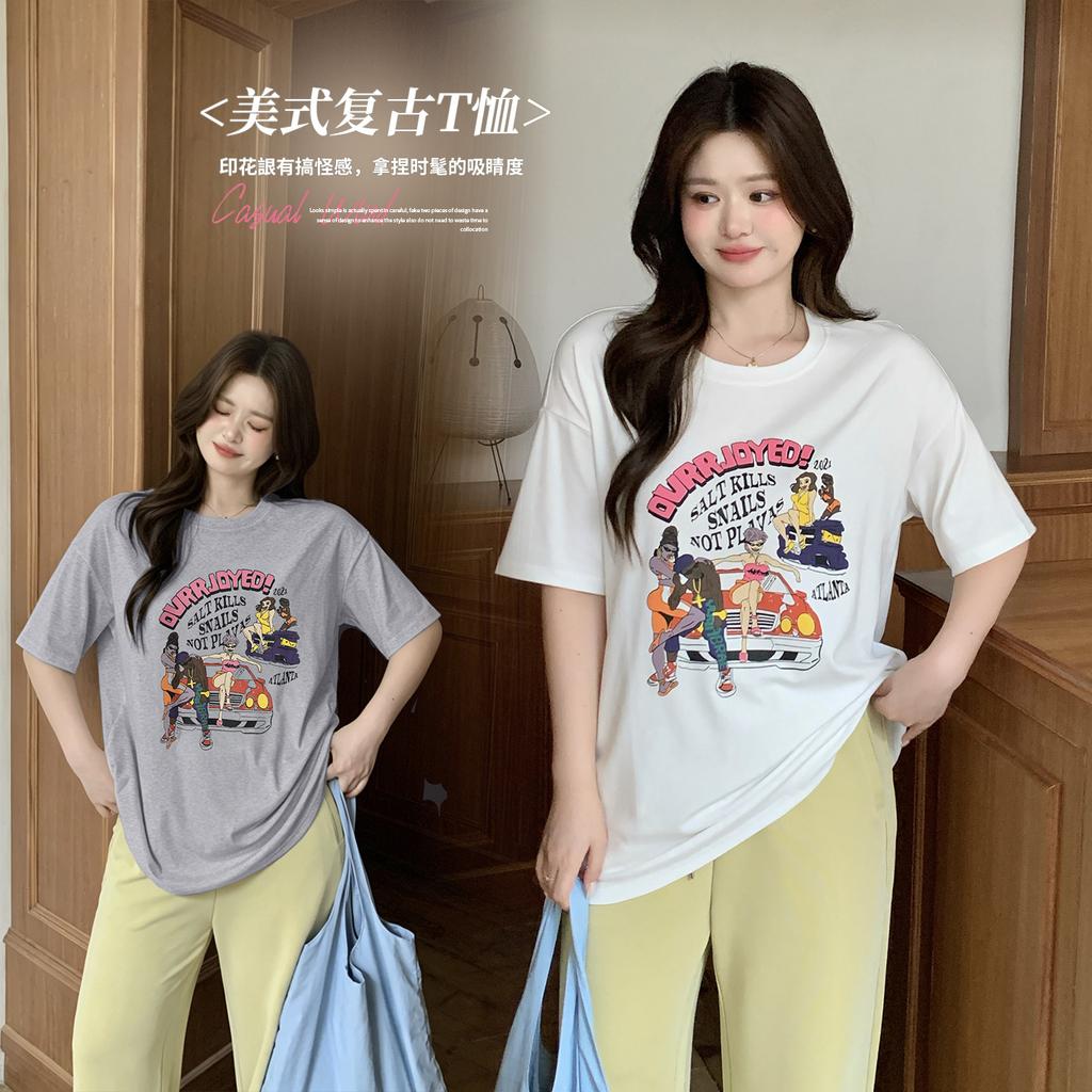 Large size women's clothing American street style graffiti printing T-shirt 2026 summer new loose meat cover top 234341
