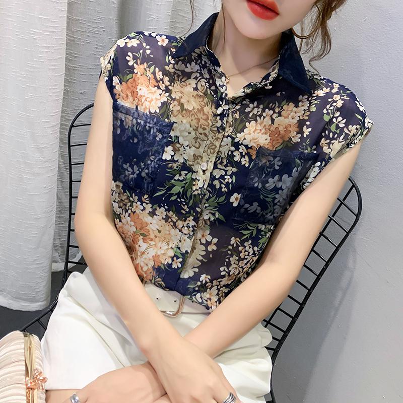 2020 Summer Floral Chiffon Women Shirts Casual Sleeveless Print Blouse Women Plus Size Cardigan