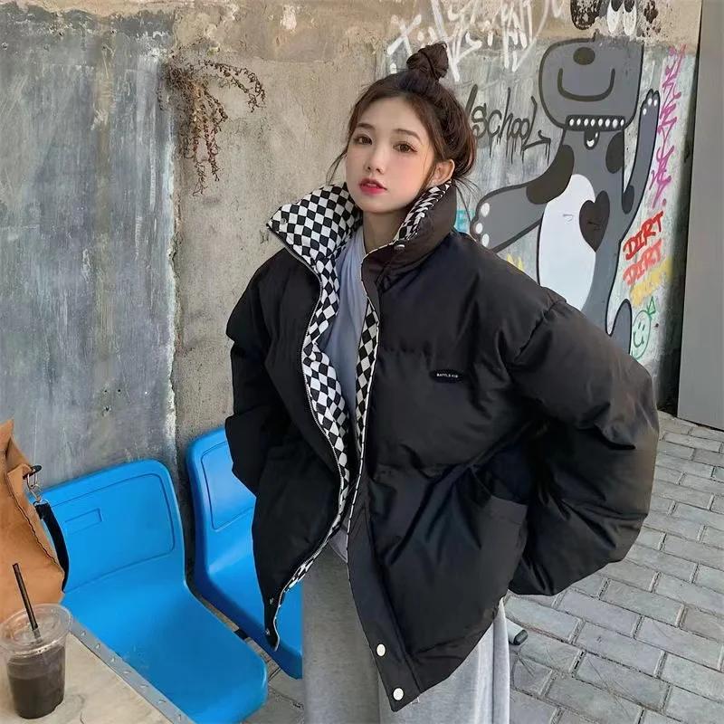 Winter Checkered Down Cotton Jacket Women Zipper Loose Padded Coat Solid Thickening Warm Puffer Parkas Jackets Short Style Forest Style Bread Jacket