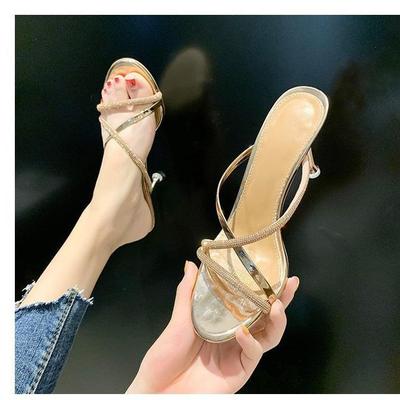 Женские летние туфли на высоком тонком каблуке с застежкой, повседневные, с круглым носком, с бриллиантами, верхняя одежда, пляжные сандалии 35-40