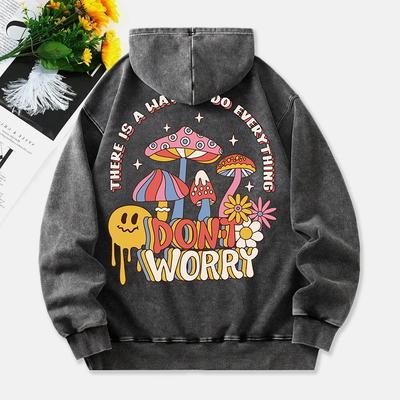 Худи с грибами, женское, стиранное, с принтом 'Don't Worry', хлопковая одежда, длинные рукава, карман, оверсайз, зимнее, женское
