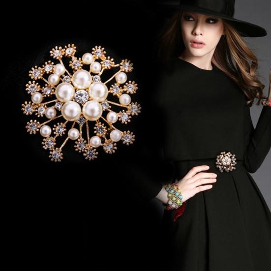 Women Brooch Snowflake Shape Rhinestone Faux Pearl Decor Anti-slip Wear-resistant Suit Coat Collar Hat