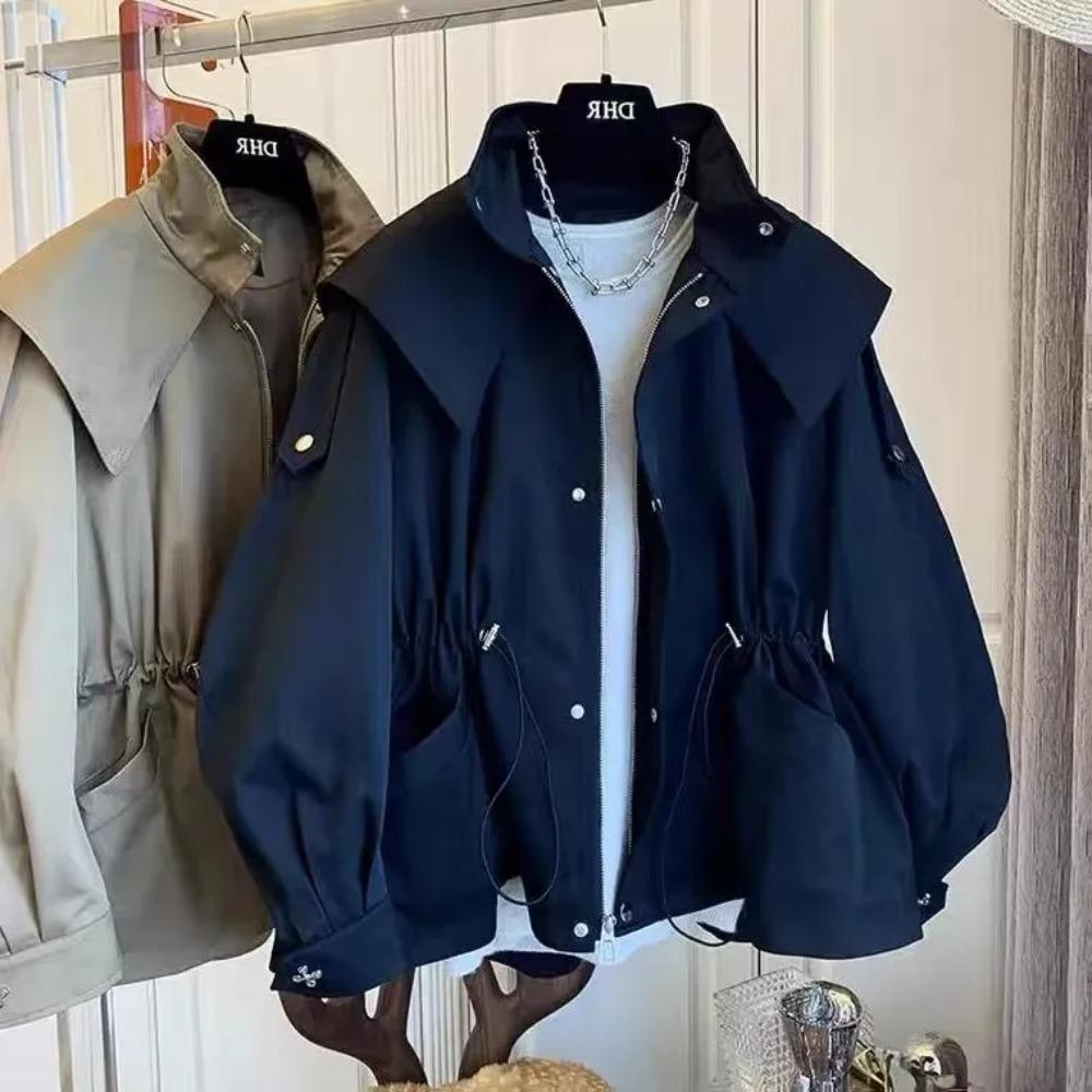 Весна Осень Оверсайз Повседневный Водонепроницаемый Хаки Ветровка Женская Куртка с Длинным Рукавом Капюшоном Кулиской Застежкой-молнией