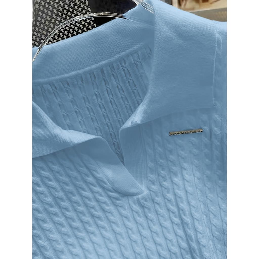 Temperament Lapel Ice Silk Knit Top Летняя свободная тонкая футболка с короткими рукавами