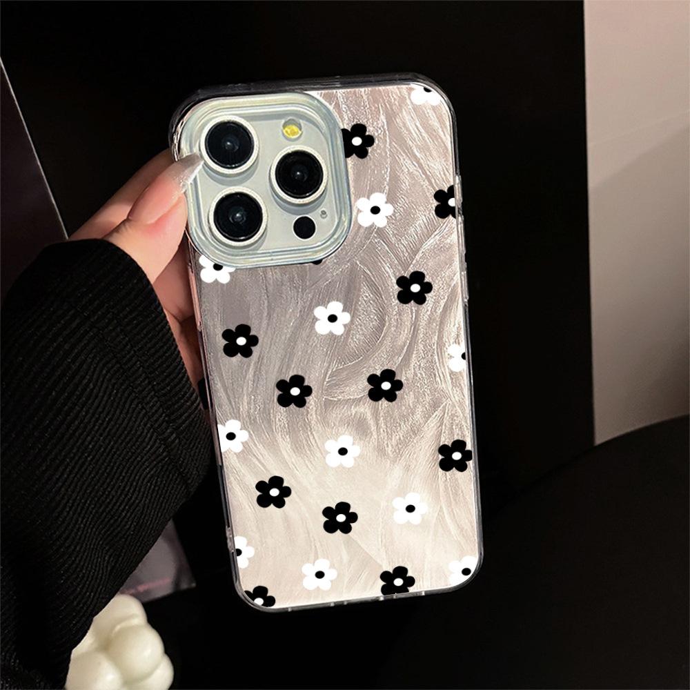 Летний новый черно-белый цветочный чехол для мобильного телефона iPhone16 Apple 15/14Pro нишевый противоударный жесткий ПК-чехол продвинутый