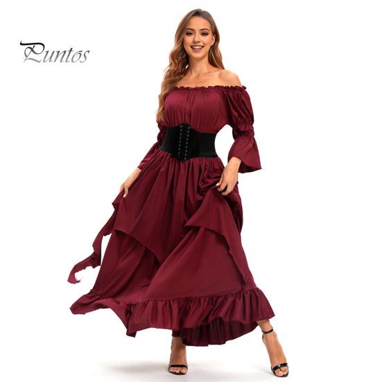 Платье на Хэллоуин Винтажное ренессансное средневековое викторианское пиратское платье Бальное платье для выпускного вечера с открытыми плечами и рукавами-колокольчиками с рюшами и плиссировкой Нерегулярный подол Макси-платье