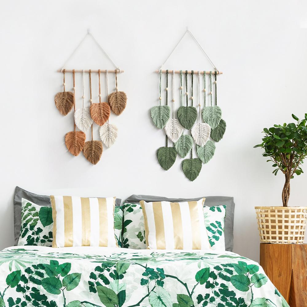 Macrame Wall Hanging Leaves Bohemian Wall Hanging Woven Tapestry Large Chic Woven Leaf Tassel Handmade Woven Wall Art for Bedroom Nursery Home 90x40cm