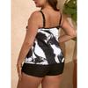 Plus Size Modest Tankini Set, Women's Plus Brush Print Round Neck Cami Top & Shorts Swimsuit Two Piece Set
