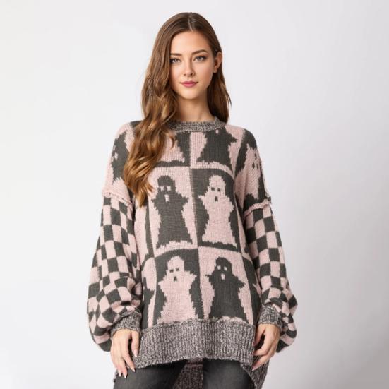 Женский свитер с круглым вырезом и длинным рукавом, эластичный трикотажный топ, свободный крой, узор в клетку, пуловер, топы, трикотаж