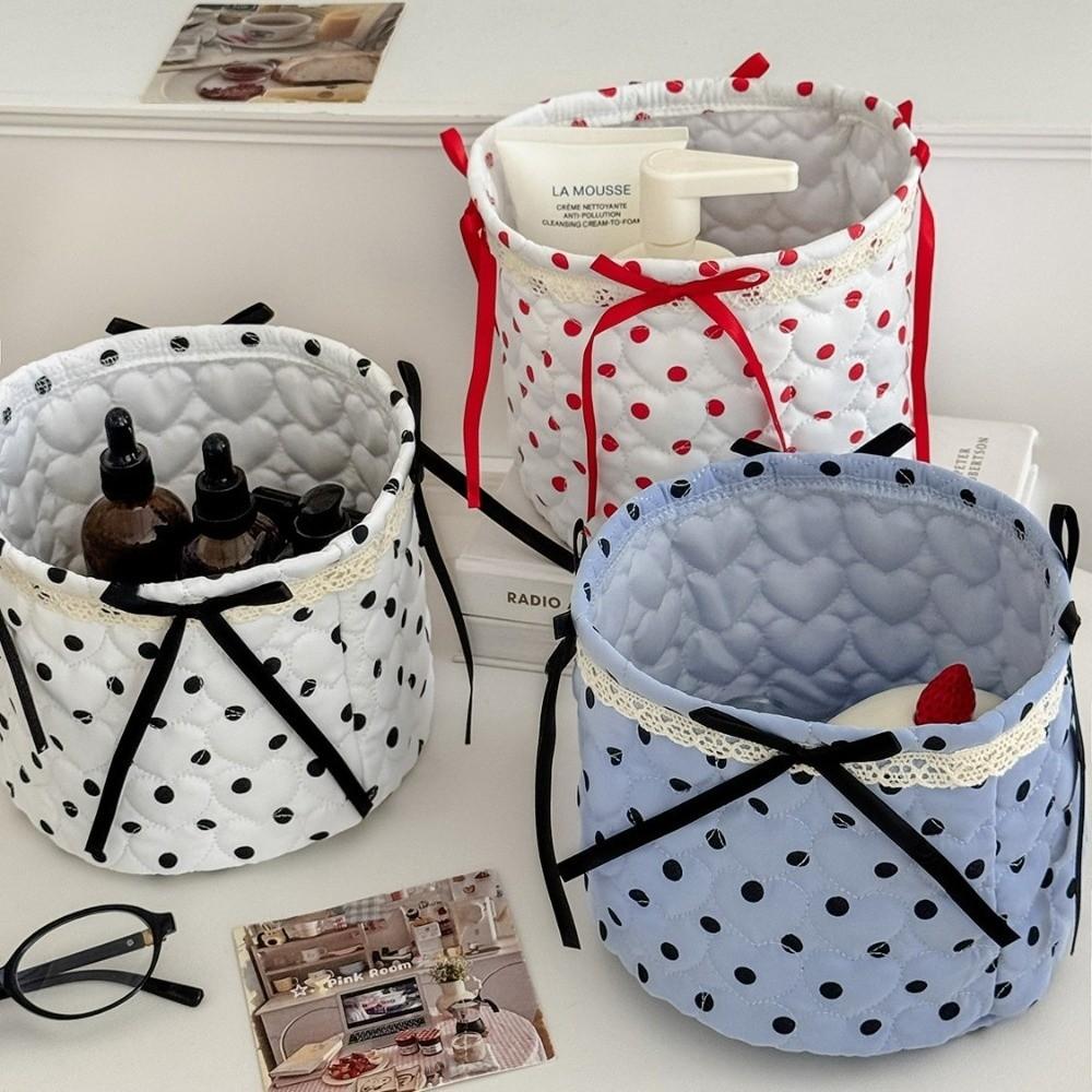 Bow Decor Storage Basket Polka Dot Car Organizer Basket Cute Car Storage Bin Toy Sorting