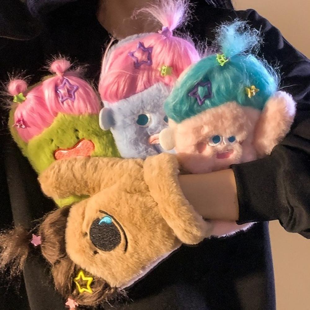 DIY Ponytail Cartoon Plush Gloves Keep Warm Neck Hanging Mittens Cute Fluffy Gloves Winter