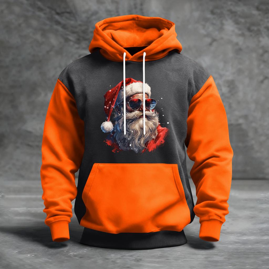 Мужской рождественский свитшот с капюшоном, повседневный, спортивный, удобный, с цветными блоками и принтом