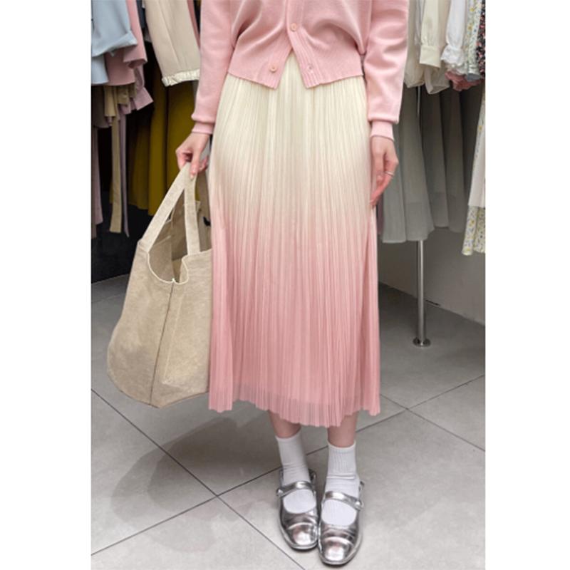 Qooth Женская плиссированная юбка-миди с эластичной резинкой на талии и градиентом, элегантная двусторонняя практичная юбка трапециевидной формы на лето и весну QT2102